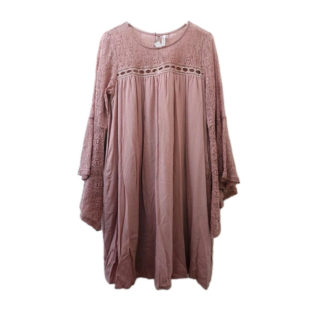 NWT Ladies Mittoshop Mauve Boho Lace Long Bell Sleeves Lined Dress Small
